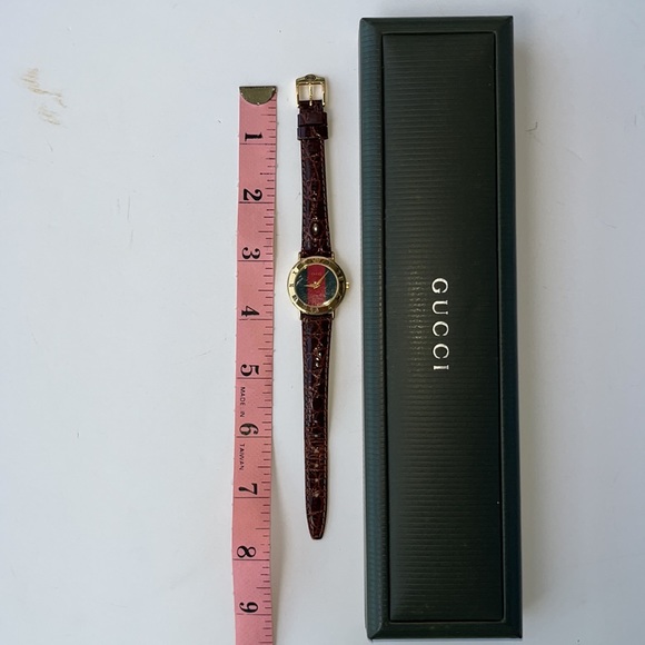 Authentic Gucci Vintage 1990βs Green/Red Web Brown Leather DialWatch/new-battery - Picture 12 of 16